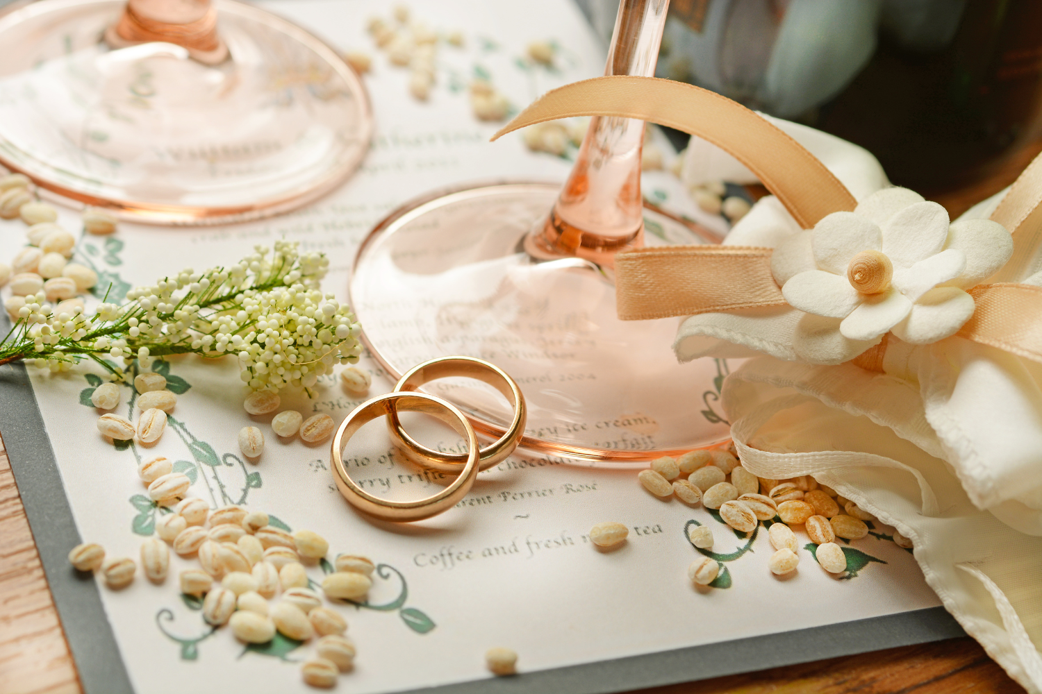 Gold rings resting on wedding stationery