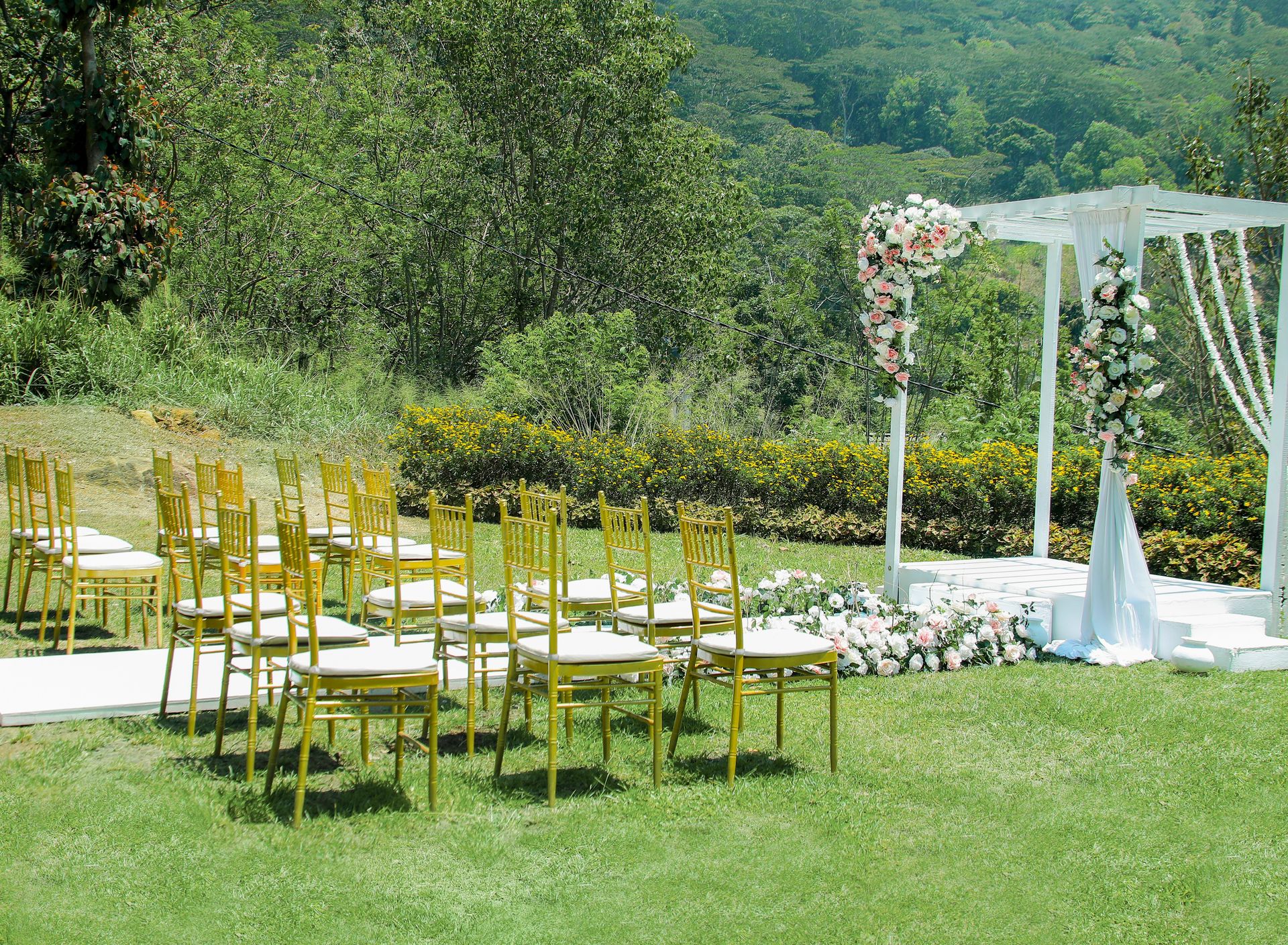 Outdoor wedding ceremony with gold chairs at Amaya Hills Kandy
