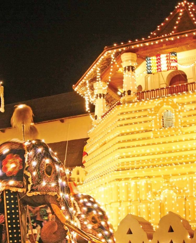 Temple of the Tooth Relic lit up during Esala Perahara