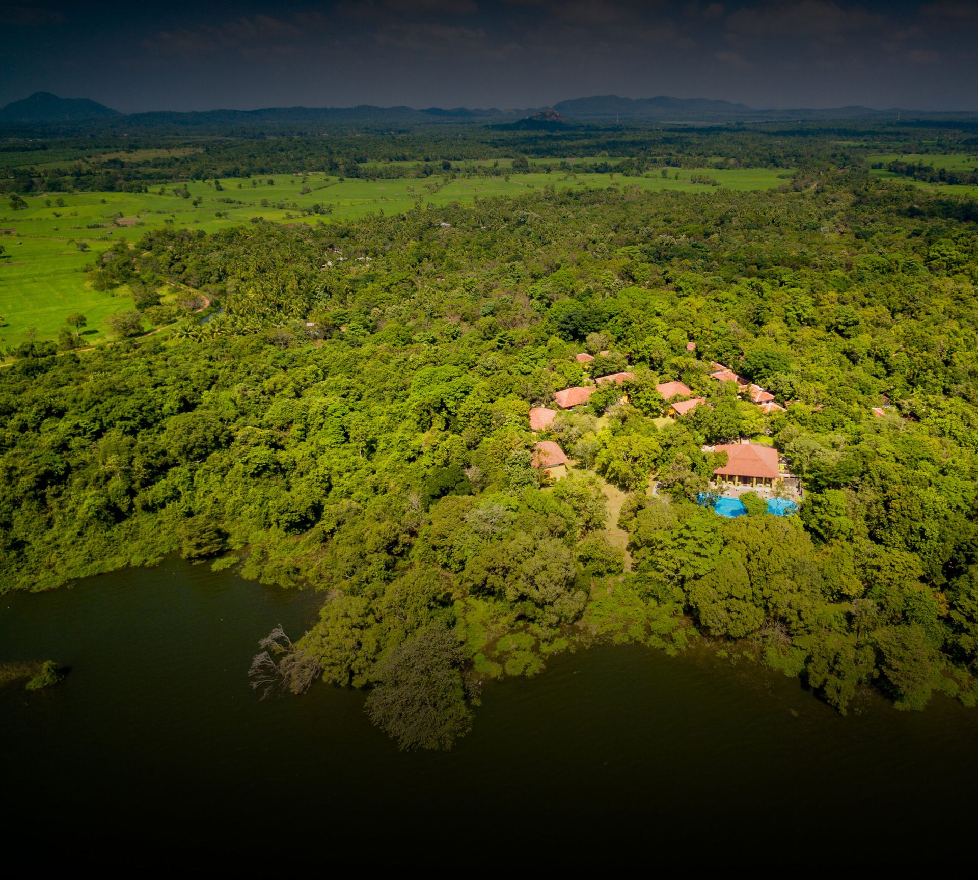 Aerial view of Amaya Lake Dambulla and the surrounding area 